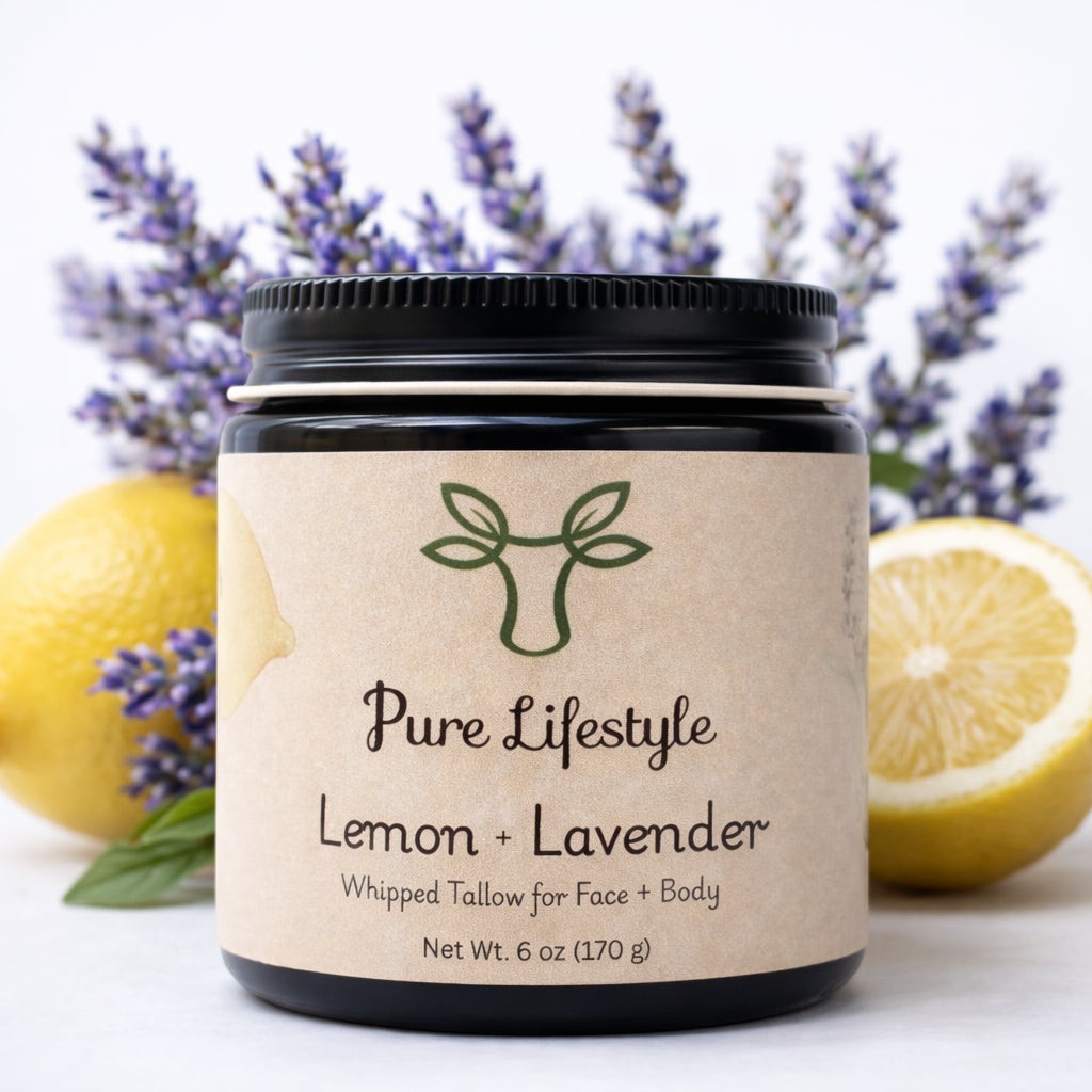 Jar of Lemon Lavender Whipped Tallow grass-fed tallow cream that absorbs without clogging pores