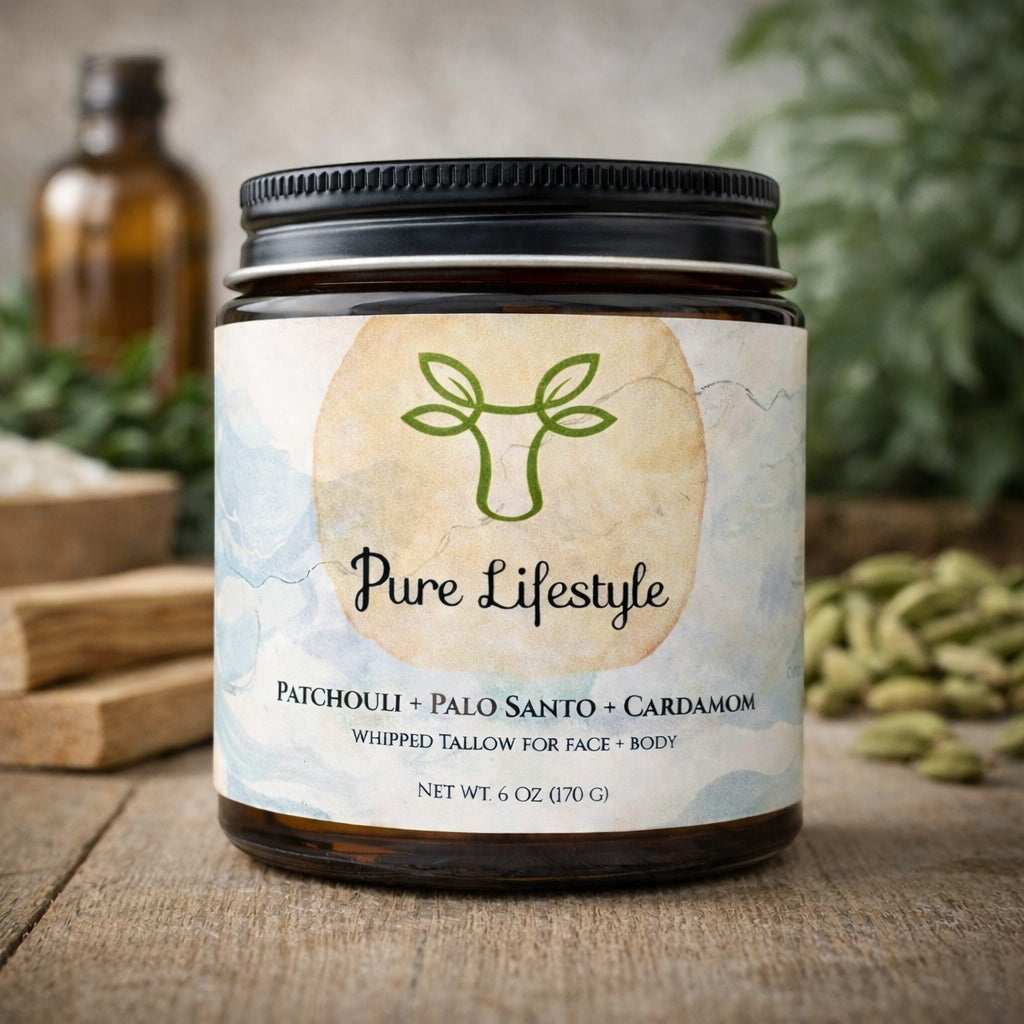 Jar of Patchouli Palo Santo Cardamom grass-fed whipped tallow, a natural moisturizer for men by Pure Lifestyle