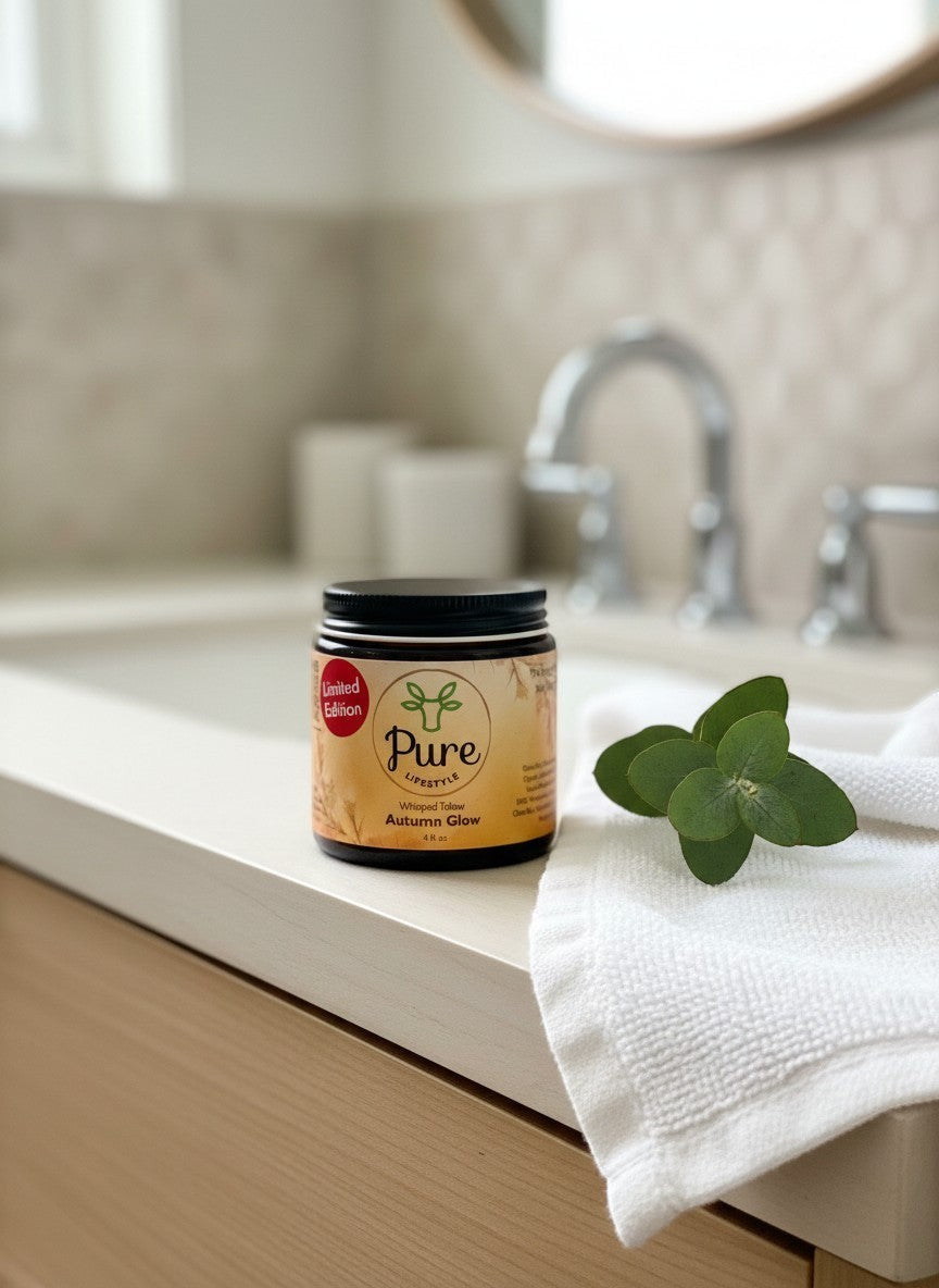 Pure Lifestyle Autumn Glow whipped tallow cream in a glass jar on a bathroom counter with a white towel and greenery.