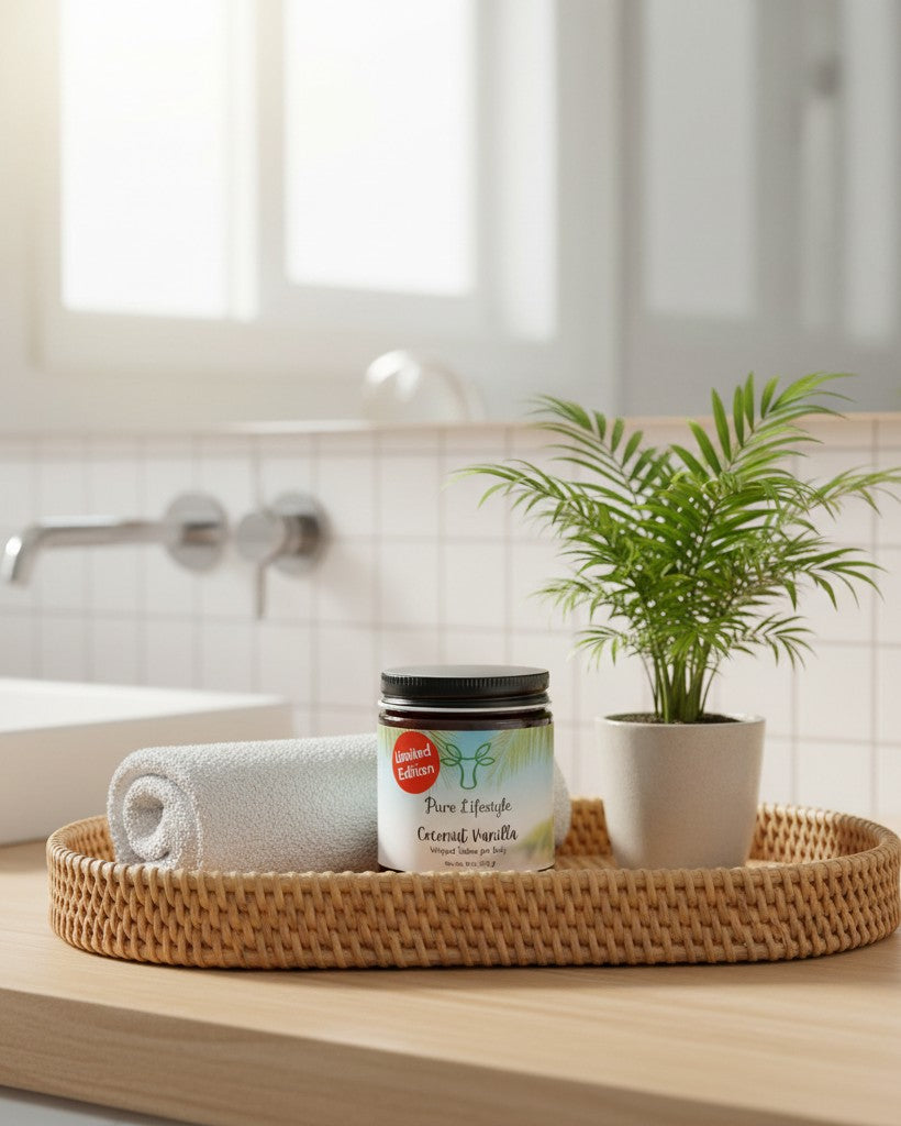 Pure Lifestyle Coconut Vanilla Whipped Tallow jar on a woven tray with a white towel and small palm plant in a bathroom