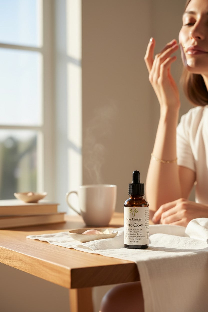Pure Lifestyle Pure Glow Face Serum in a glass dropper bottle on a wooden table with a woman applying skincare nearby.