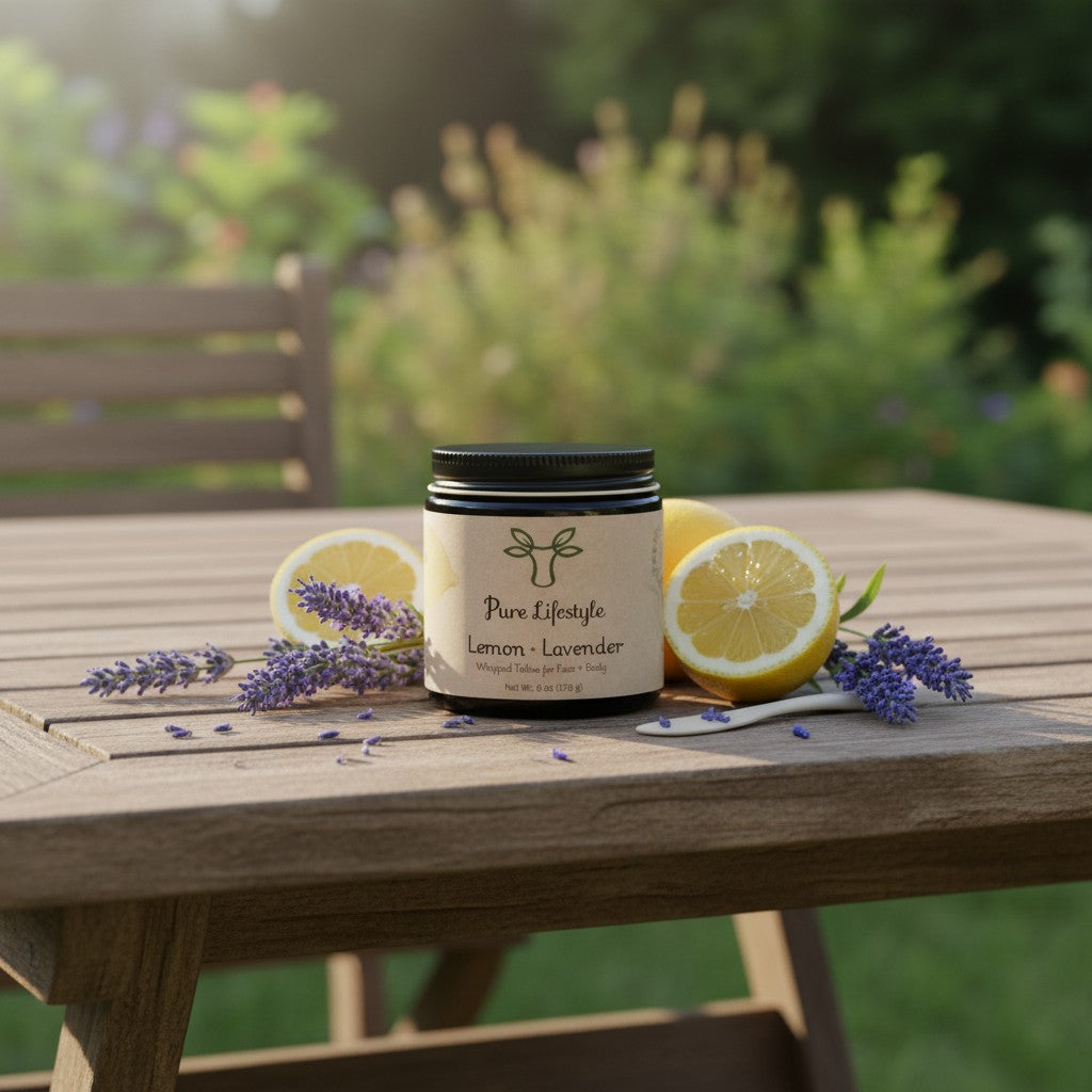 Pure Lifestyle Lemon Lavender Whipped Tallow in a glass jar on a wooden table with fresh lemon slices and lavender.