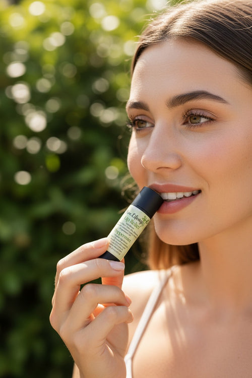 Woman applying Pure Lifestyle Peppermint Lip Relief balm made with grass-fed tallow in a natural outdoor setting.