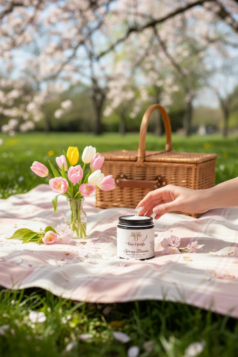 Pure Lifestyle Spring Blooms whipped tallow jar on a picnic blanket with fresh tulips and a wicker basket.