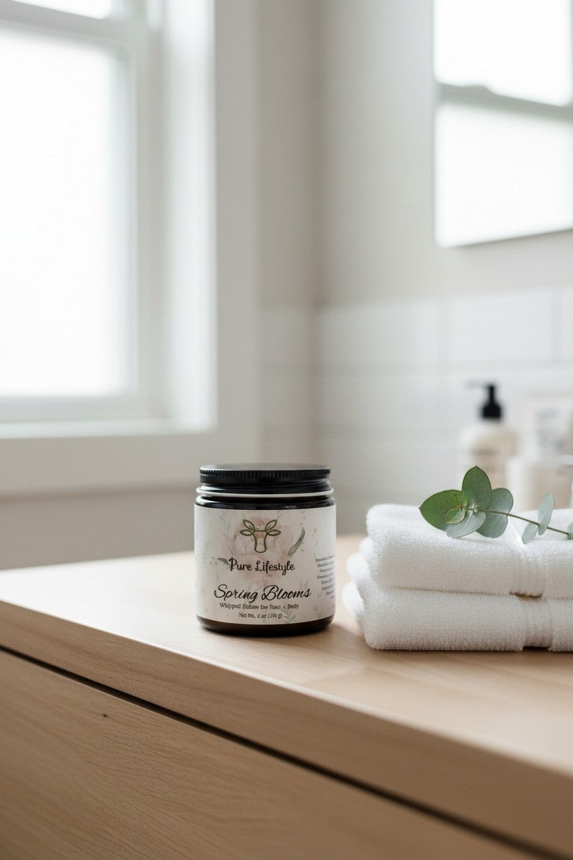 Pure Lifestyle Spring Blooms whipped tallow jar with floral label on a wooden counter next to white towels.