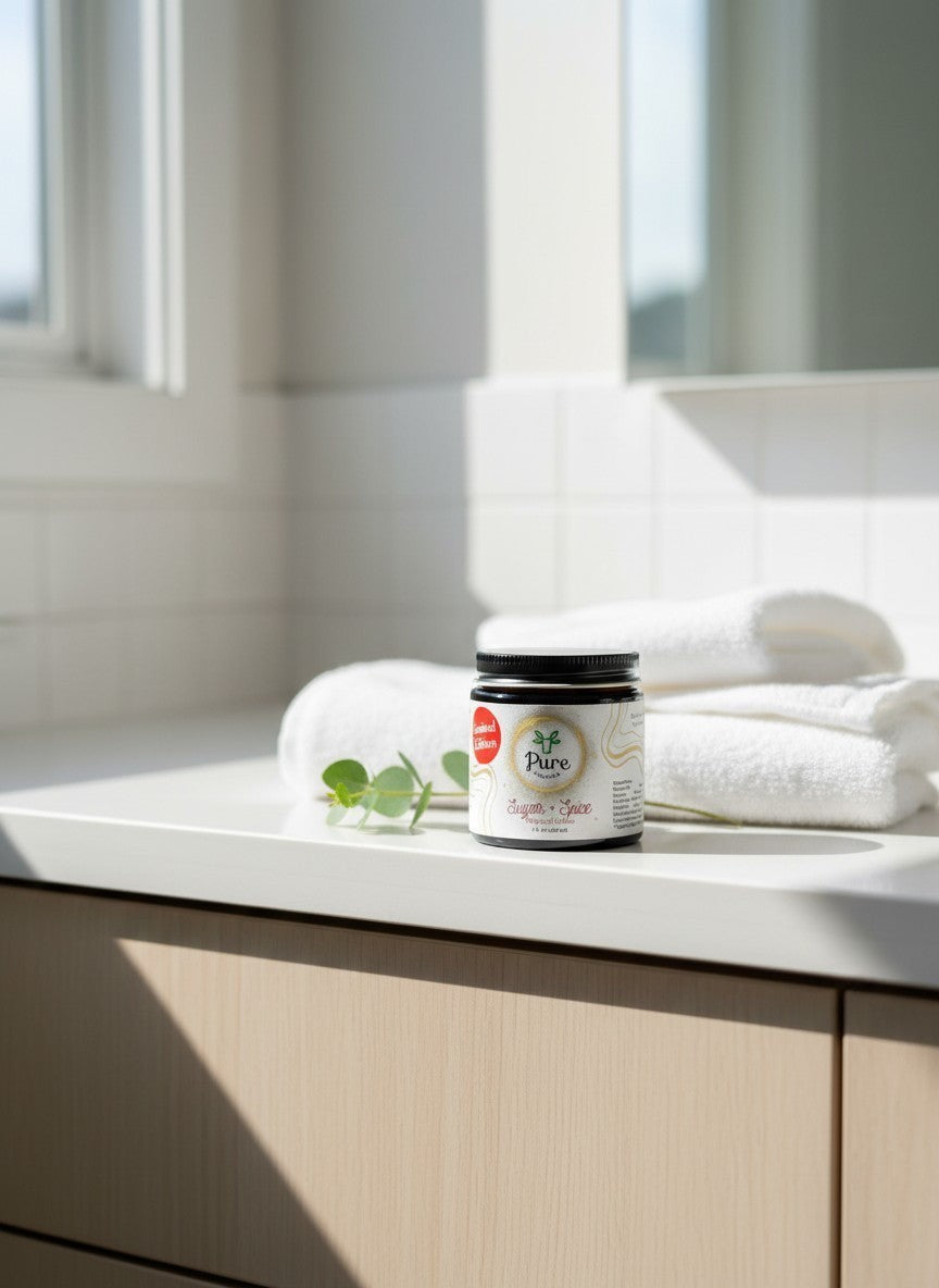 Pure Lifestyle Sugar + Spice Whipped Tallow jar on a white bathroom counter with folded towels and eucalyptus.