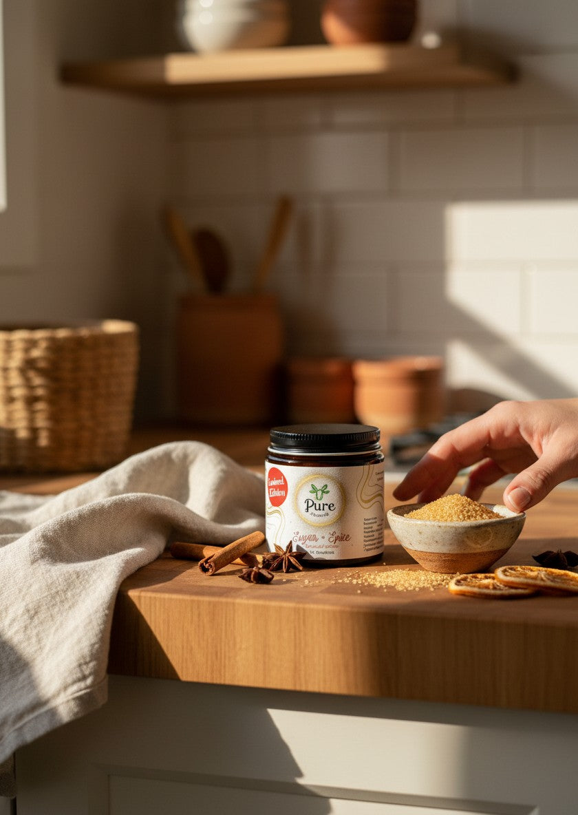 Pure Lifestyle Sugar + Spice Whipped Tallow jar on a wooden kitchen counter with cinnamon sticks and dried orange slices