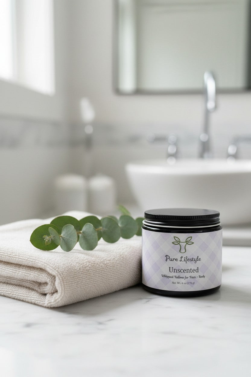 Pure Lifestyle unscented whipped tallow in a glass jar on a marble counter with a towel and eucalyptus sprig.