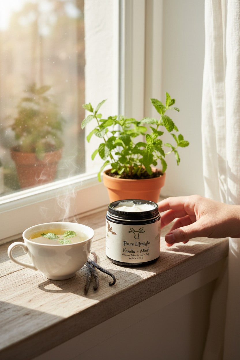 Pure Lifestyle Vanilla Mint Whipped Tallow jar on a sunny windowsill with a cup of mint tea and vanilla beans.